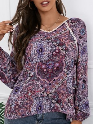 Loose Casual Lace Patchwork Shirt Bohemian V-neck Long-Sleeved Printed Shirt Top for Women