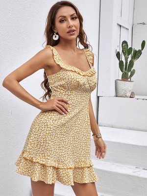 Summer Light Yellow Printed Ruffled Spaghetti Straps Short Dress