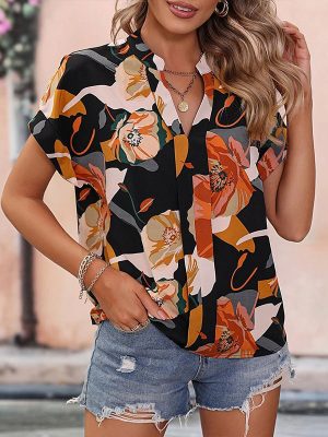 Summer Women V neck Painted Color Printing Short Sleeve Loose Oversized Shirt