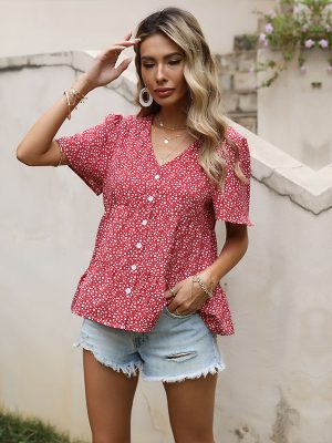 Summer Loose Short-Sleeved Chiffon Floral V-neck Flounce Shirt for Women