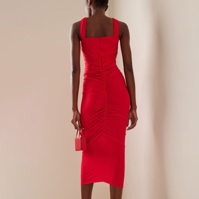 Spring Summer Red Cross Halterneck Cutout Floral Pleated Hip Women Clothing Stitching Dress 3D Decoration - Image 3