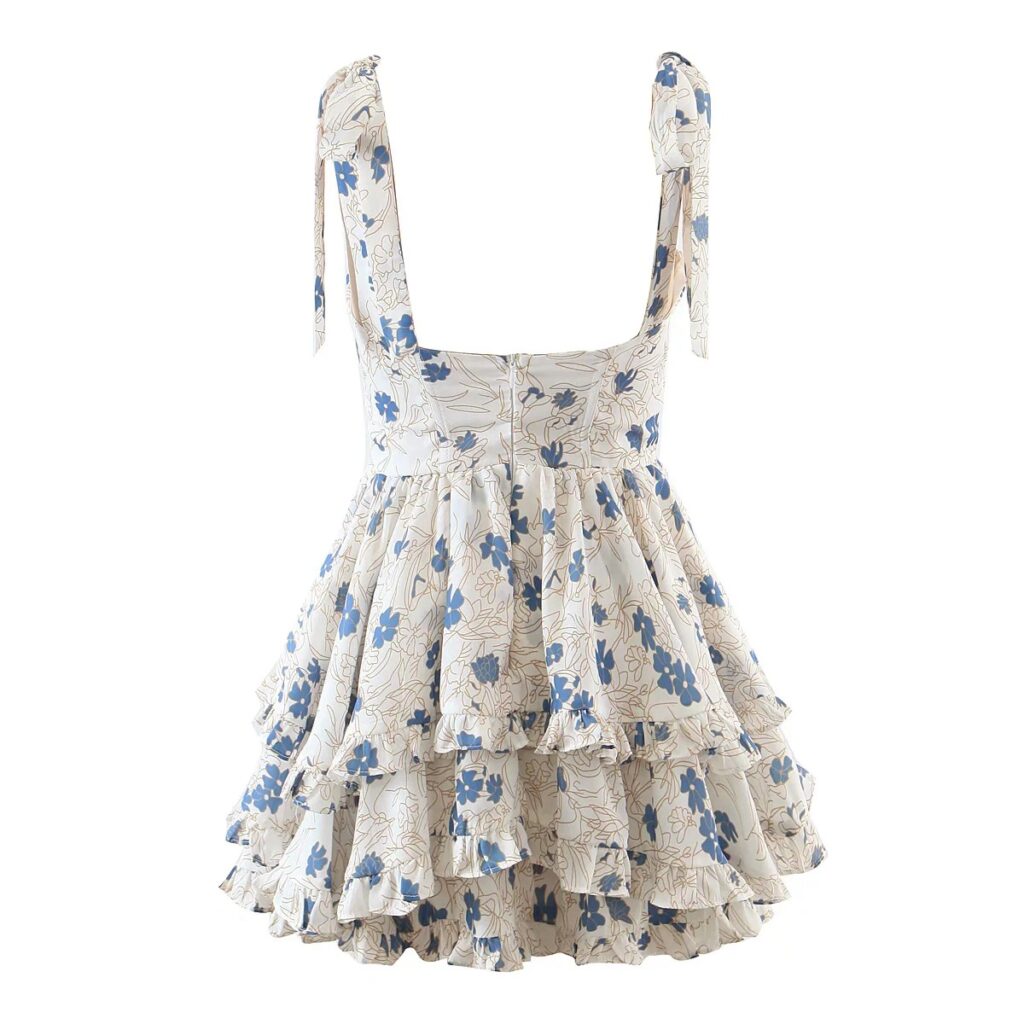 Sundress Seaside Vacation Printed Tied Spaghetti-Strap Wooden Ear Tiered Layered Dress for Women - Image 2