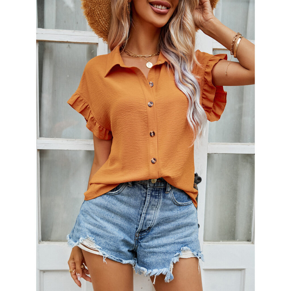 Eaby Shopee Shirt Solid Color Buttons Design Polo Collar Short Sleeve Shirt - Image 4