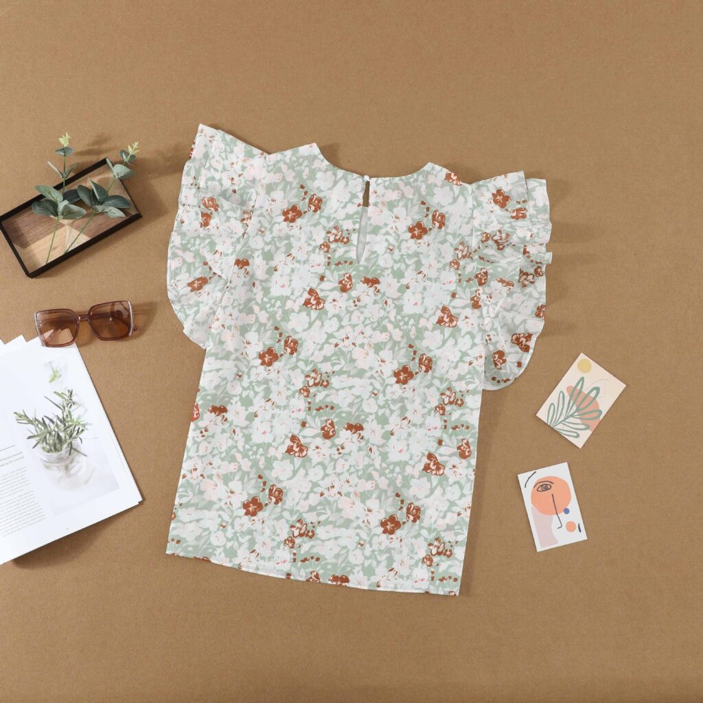 Floral Chiffon Shirt Summer Plant Floral Print Sweet round Neck Short Sleeve Shirt for Women - Image 5