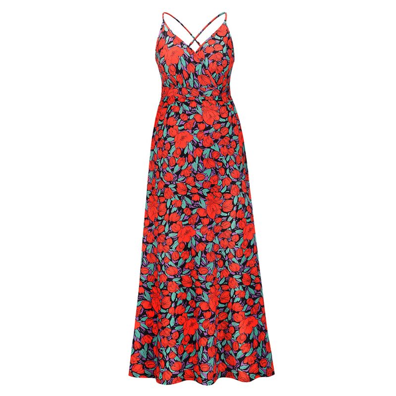 Women Clothing Summer Sexy Slim Fit V-neck Strap Floral  Bohemian Beach Dress - Image 4