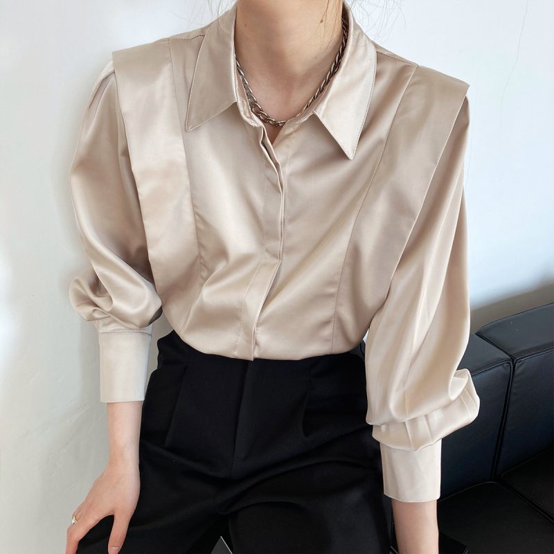 Ruffled Satin Shirt Women Spring Fall Court Long Sleeve French Young Niche Shirt - Image 3