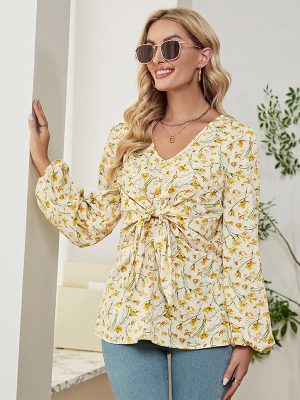 Autumn Winter Bandage Top Lantern Sleeve Printed Chiffon Shirt