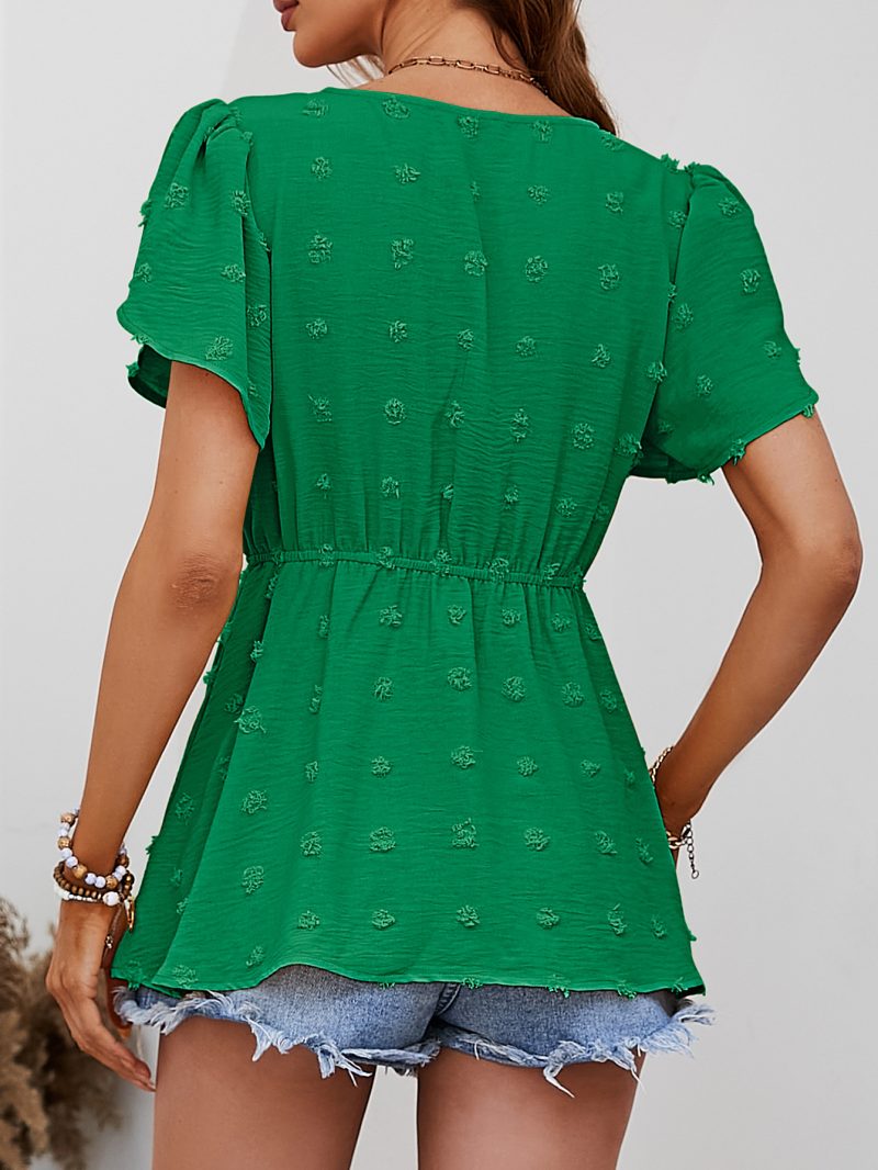 Summer Top V Neck Tulip Sleeve Fastener Decoration Jacquard T Shirt - Image 2