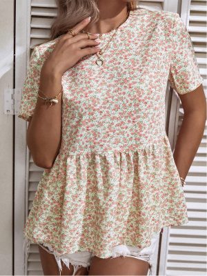 Sweet Blouse Floral Print Round Neck Short Sleeve Casual Shirt