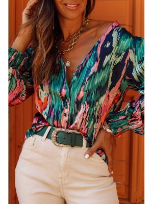 Multi Color V neck Abstract Printing Long Sleeve Pullover Shirt Women