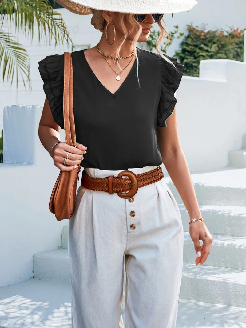 Spring Summer Solid Color V neck Casual Ruffle Sleeve Top Women - Image 4