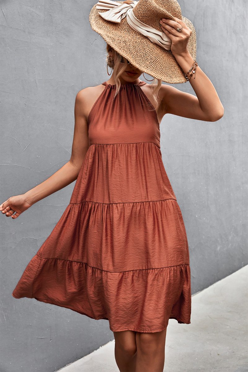 Spring Summer Halter Strap Gathers Stitching Dress for Women - Image 3