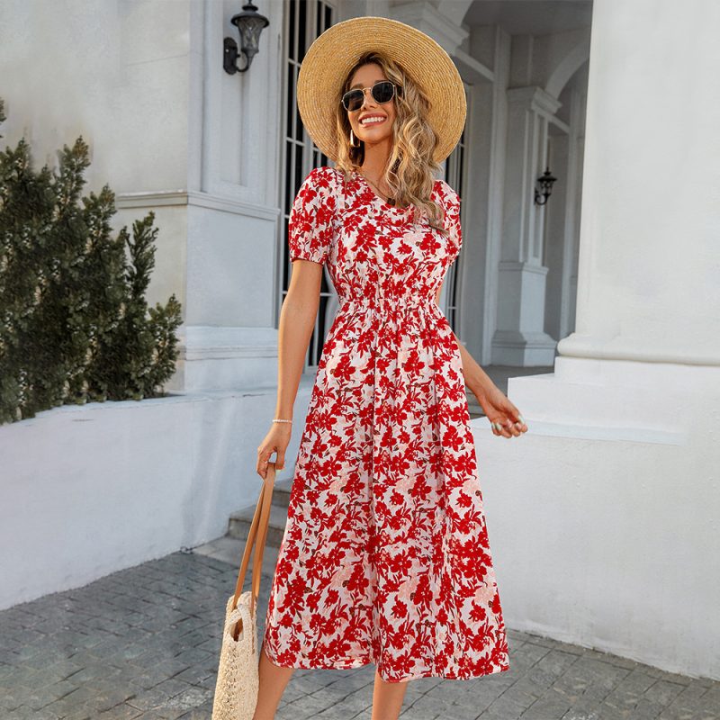 Spring Summer New Casual Long Lace-up Cropped Outfit Short Sleeve Printed Dress
