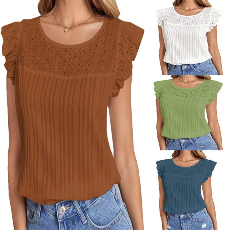 Summer Summer Women Clothing Hollow Out Cutout out Stitching Sleeveless Ruffled Eyelet Embroidery T-shirt Women - Image 5