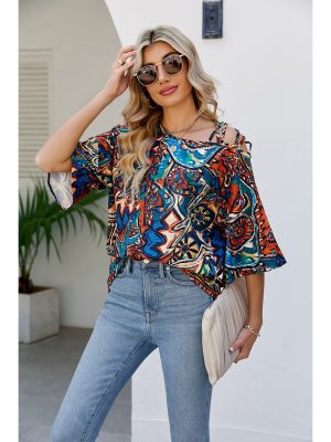 Summer Shoulder Bell Sleeve Printed Loose Pullover Tied Top Crisscross