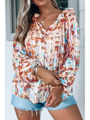 Multi Color Pattern Printed Pleated Long Sleeved Shirt Women Chiffon Shirt