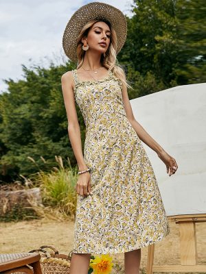 Summer Women Clothing Elegant Wooden Ear Mid-Length Strap Floral Dress for Women