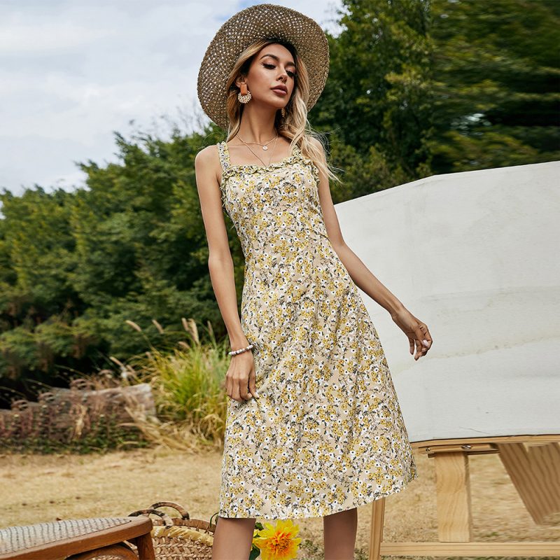Summer Women Clothing Elegant Wooden Ear Mid-Length Strap Floral Dress for Women