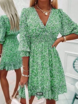 Summer Midi Dress V Neck Pullover Bohemian Floral Print Mid Length Sleeves Floral Dress