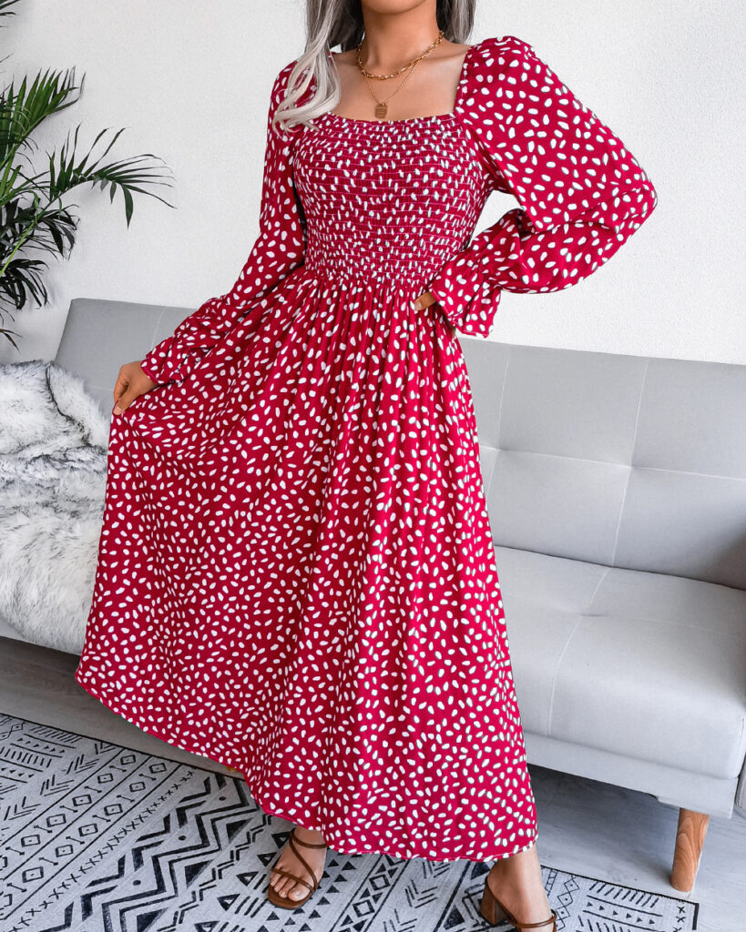 Autumn Winter Square Collar Long Sleeve Holiday Rayon Dress Pleated Dress   Women Clothing - Image 3
