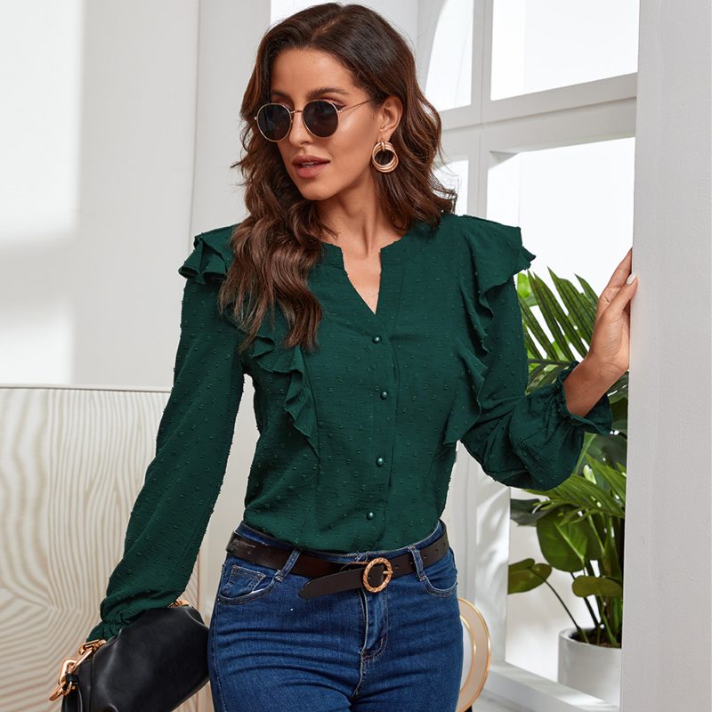 Autumn Solid Color Jacquard Ruffled V-neck Top for Women - Image 2