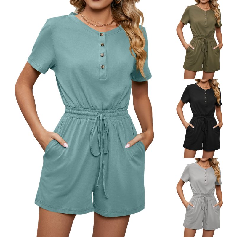 Spring Summer Solid Color Loose Short Sleeve Button Lace  up Pocket Jumpsuit - Image 6