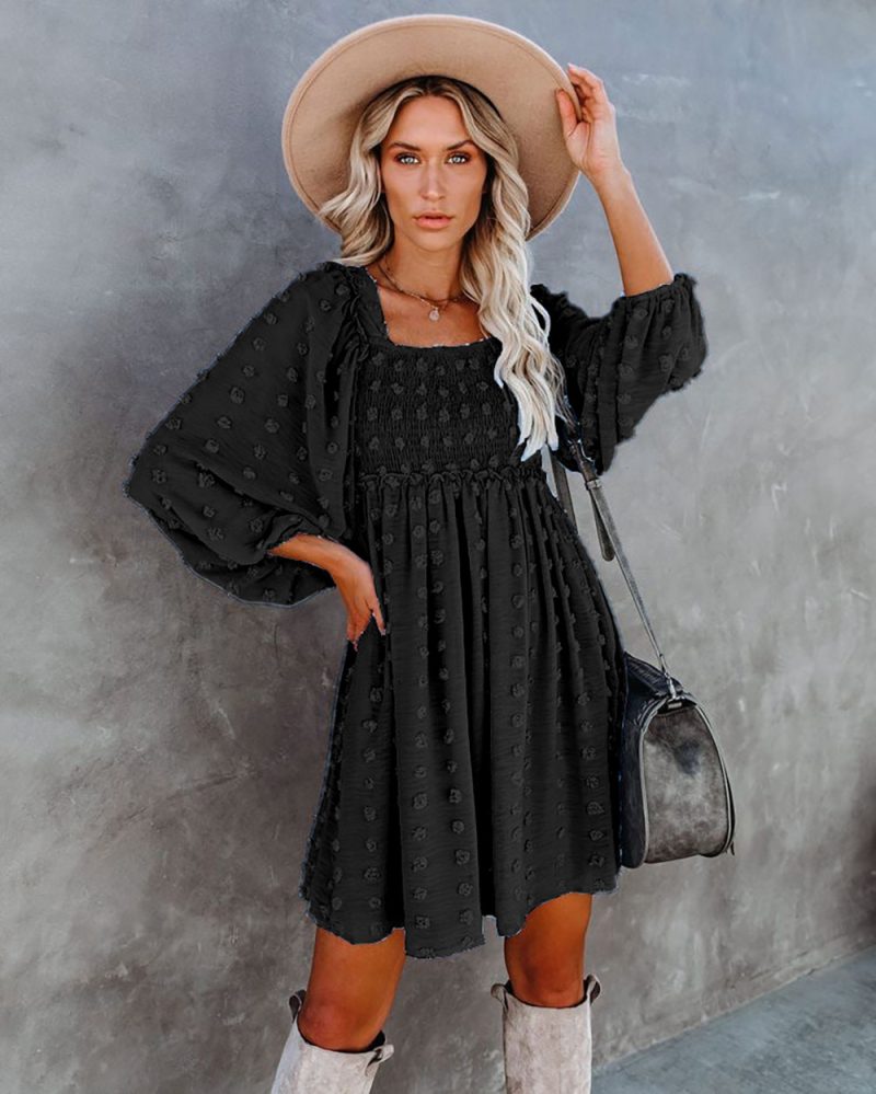 Square Collar Chiffon Polka Dots Short  Lantern Sleeve Dress - Image 6