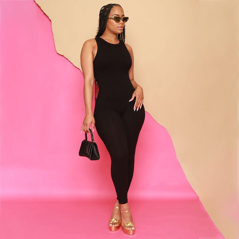 Spring Summer Women Clothing Solid Color Rib High Elastic Sleeveless Jumpsuit Sexy round Neck Women - Image 3