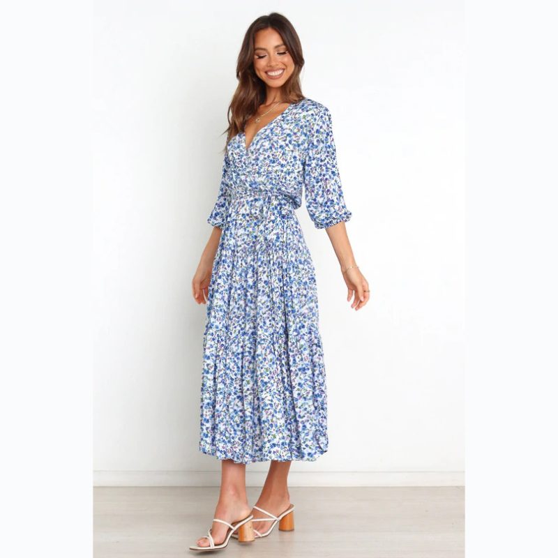 Spring Summer Floral Fresh Sweet Mid-Sleeve V neck Dress - Image 3