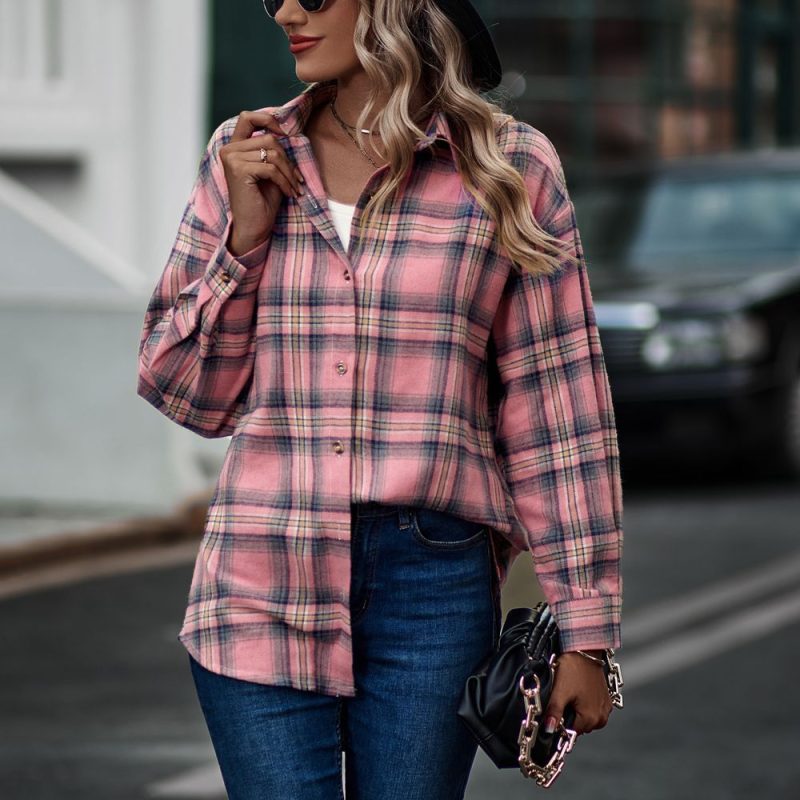 Women Autumn Winter Casual Loose Boyfriend Plaid Shirt