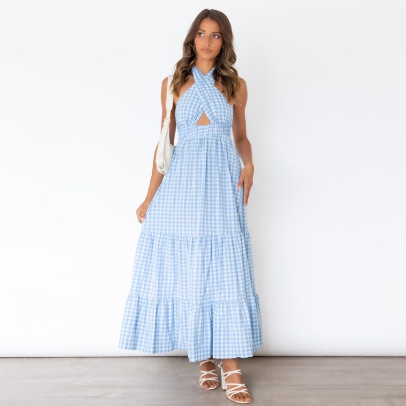 Sexy Backless Waist Trimming Dress Summer Sexy Plaid Dress