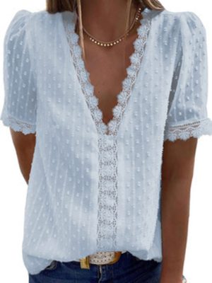 Deep V-neck Chiffon Shirt Embroidered Ruffled Short Sleeves Top Front Rear