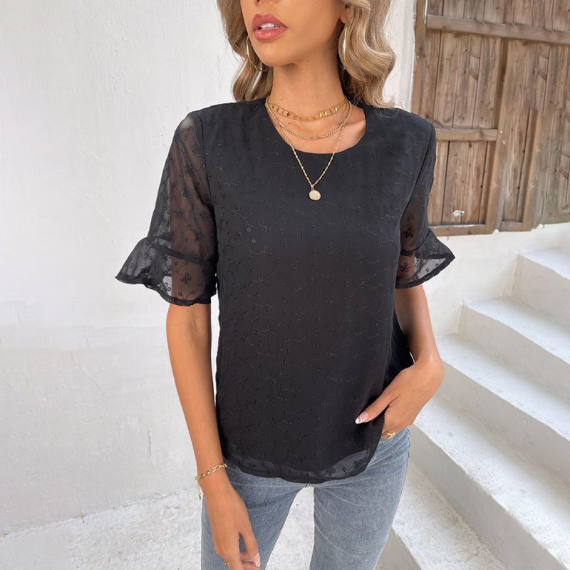 Women Clothing Summer Lace Short Sleeved T shirt Crew Neck Casual Women Top - Image 2