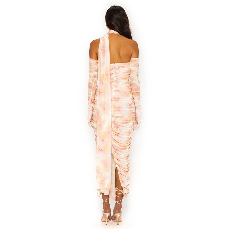 Colored Long Sleeve Gloves Off The Shoulder Printed Mesh Ribbon Dress Women Clothing Hip Stretch Slim Dress - Image 3