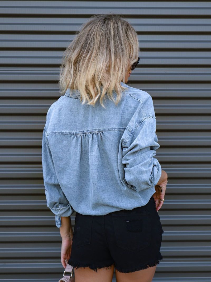 Denim Shirt Women Autumn Winter Casual Double Pocket Loose Shirt - Image 2