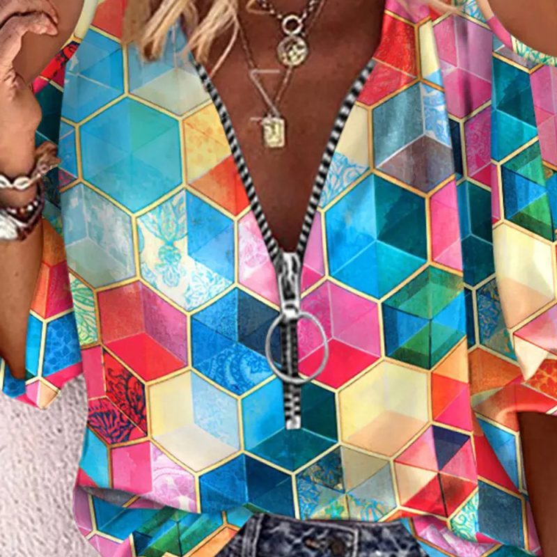 Summer Printed V-neck Zipper off-Shoulder Loose Casual Shirt - Image 3