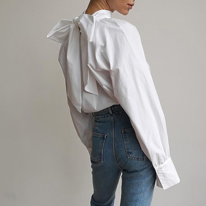 Fall Bowknot Shirt Women French Turtleneck Stand Collar Niche Women White Shirt Top - Image 2