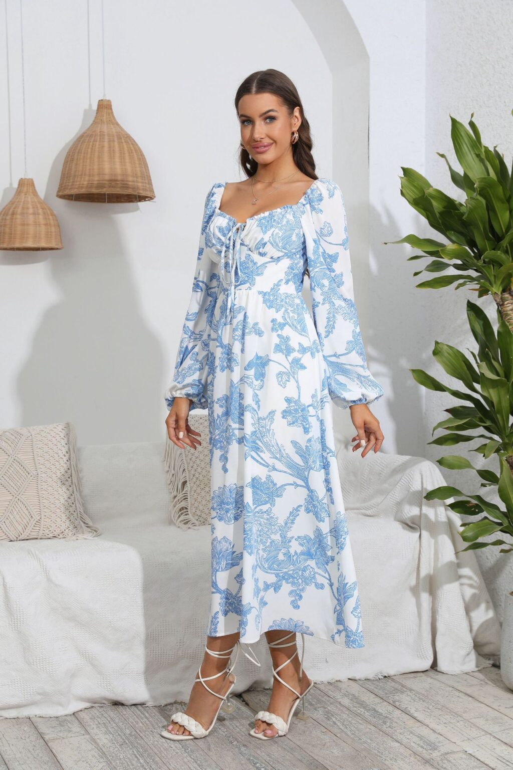 Printed Dress Women Lace up Puff Sleeve Ruffles Vacation Dress - Image 4
