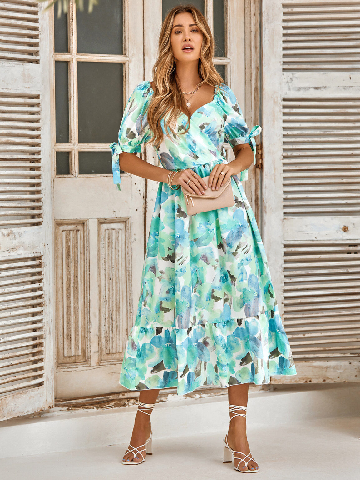 Summer Women Clothes Casual Printed Waist Controlled Puff Sleeve V neck Maxi Dress - Image 3