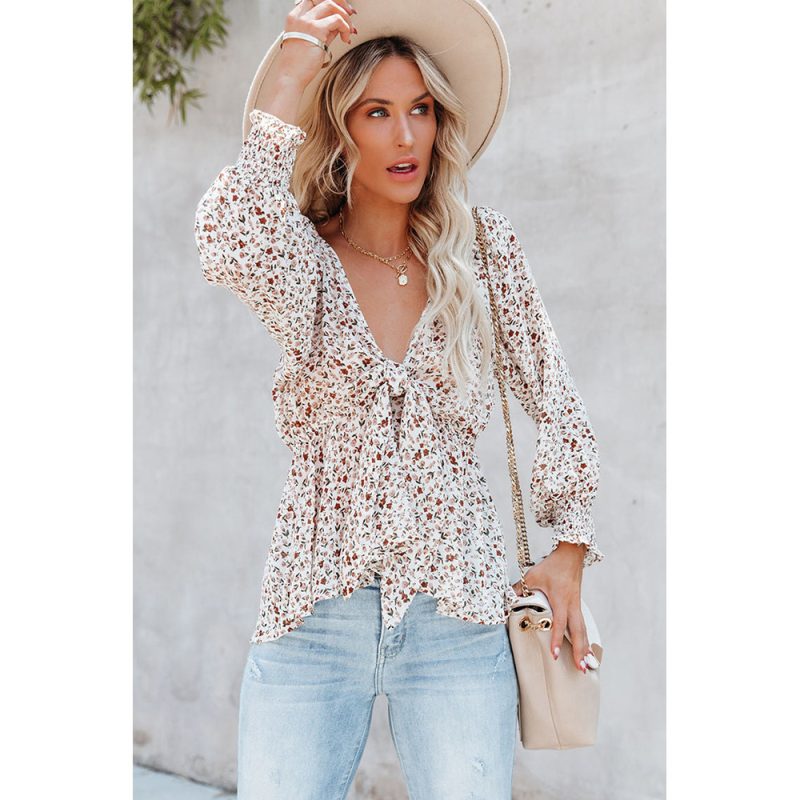 Waist Slimming Lace-up Chiffon Shirt Women Autumn Floral Long Sleeve Top - Image 2