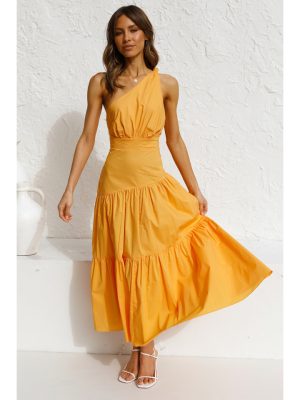 Spring Summer One-Shoulder Knotted Solid Color Fresh Long Sweet Dress