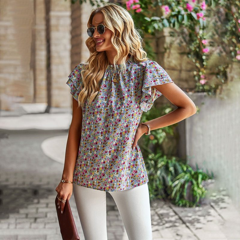 Spring Summer Women Clothing Loose Casual Top Floral round Neck Shirt Women - Image 2