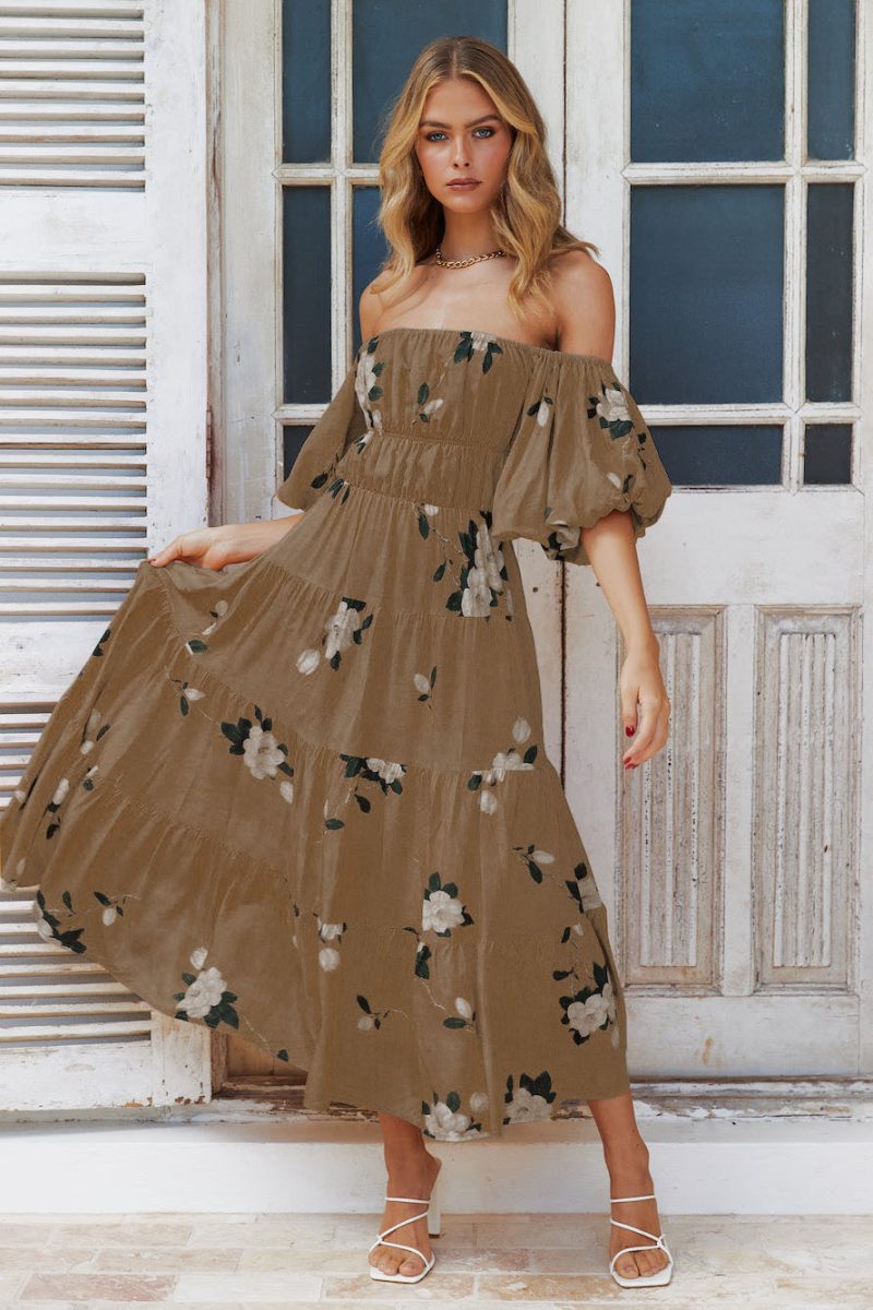 Women Clothing off the Shoulder Bubble Sleeve Printed Dress - Image 3