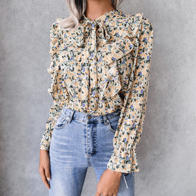 Autumn Winter Casual Lace up Ruffled Floral Chiffon Estampado Floral Shirt Top Women Clothing Plus Size - Image 4