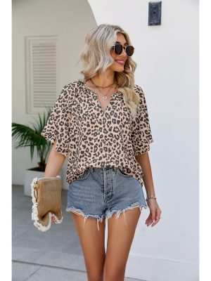 Summer Leopard Print Short Sleeve V-neck Loose Casual Bell Sleeve Top Women