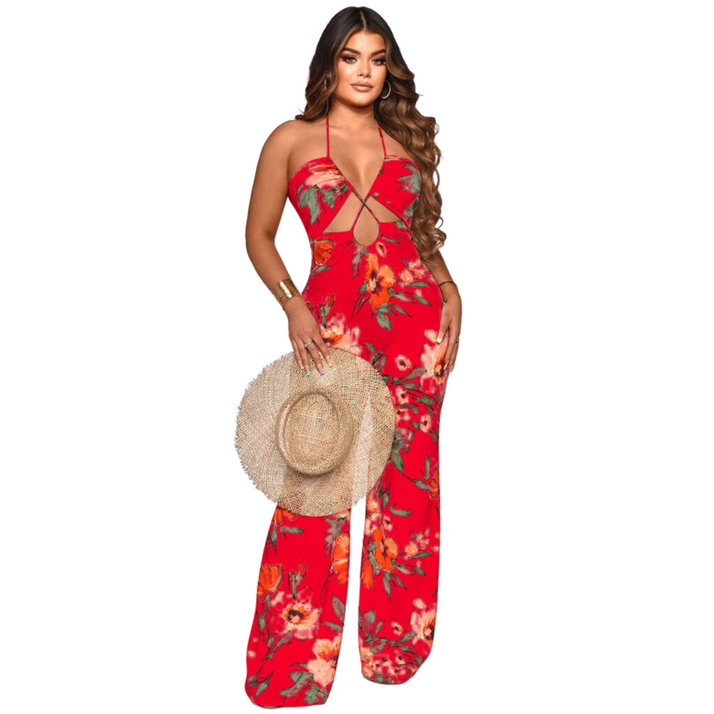 Women Clothing Spring Summer Beach Vacation Lace-up Sexy Hollow Out Cutout Jumpsuit - Image 2
