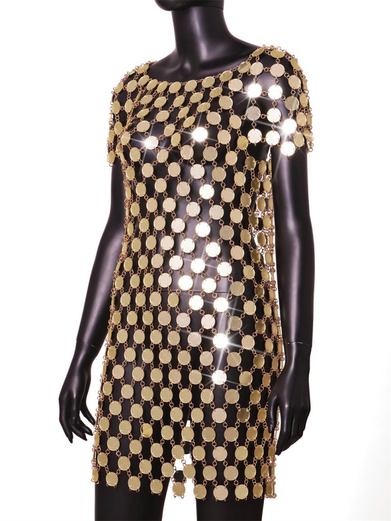 Autumn Direct Golden Acrylic Round Neck Short Sleeve Sexy Dress - Image 4