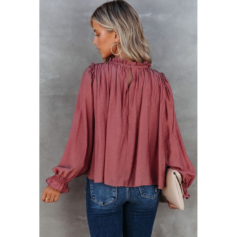 Red Ruffled Long Sleeved T shirt Women Autumn round Neck Top - Image 4