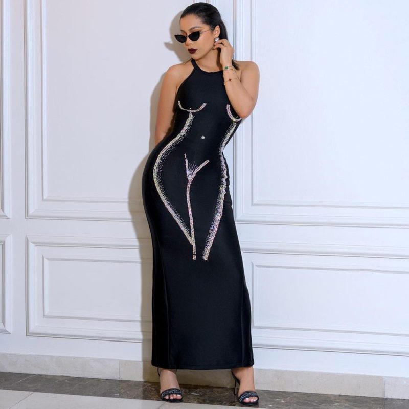 Women Clothing Summer Hollow Out Cutout round Neck Rhinestone Sleeveless Sexy Maxi Dress - Image 2