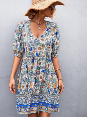 Spring Summer Bohemian V-neck Positioning Floral Dress for Women